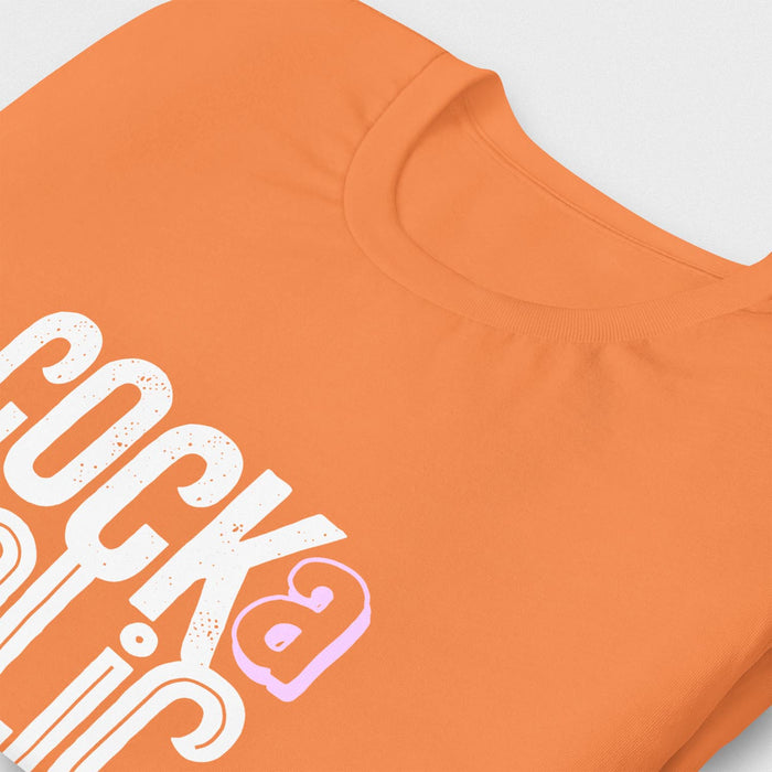 PRODUCT IMAGE: Cock-a-Holic | Funny, NSFW Homo Erotic T-shirt for Horny Gay Men | Detail photo of Orange shirt