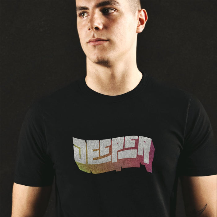 Deeper T-shirt | Raunchy Tees for Horny Gay Guys Who Like to Bang | Model wears Black shirt with a typographic design