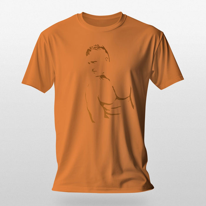 PRODUCT IMAGE: Muscle Daddy | Homo Erotic T-shirt | Masculine Tom of Finland Hottie | Graphic shadows of a classically handsome hot man on a Orange shirt