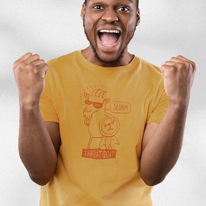 PRODUCT IMAGE: Throat Goat | Funny, Raunchy T-shirts for Horny Gay Men | Model w/ Mustard Shirt