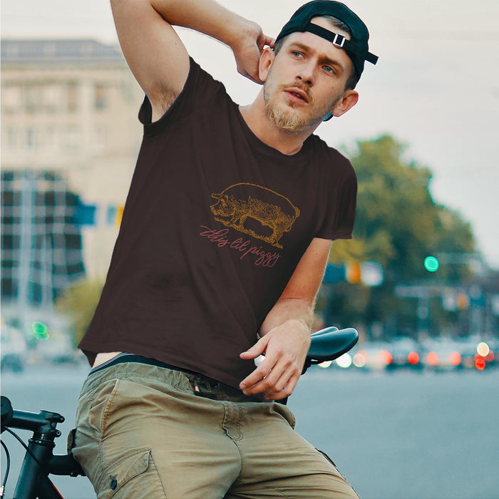 PRODUCT IMAGE: This ‘Lil Piggy T-shirt | Funny Gay SFW Tee for Horny Gay Guys | Model wears Brown shirt