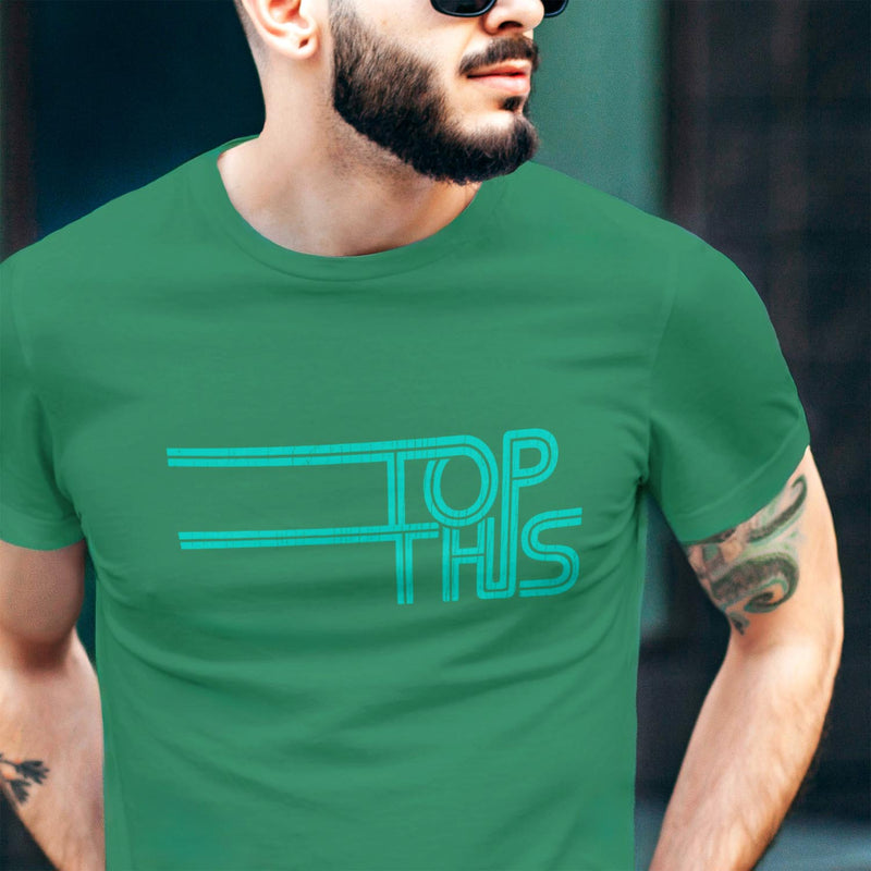 PRODUCT IMAGE: Top This T-shirt | Discreetly Raunchy T-shirt for Horny Gay Bottom Guys | Model with Kelly Green shirt