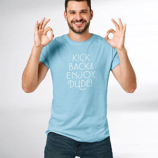 PRODUCT IMAGE: Kick Back & Enjoy Dude | T-shirt for Gays Who Like Horny Straight Guys | Model w/ Ocean Shirt