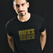 PRODUCT IMAGE: Butt Slut | Raunchy T-shirt for Horny Gay Bottom Guys | Model wears Black shirt with a typographic design