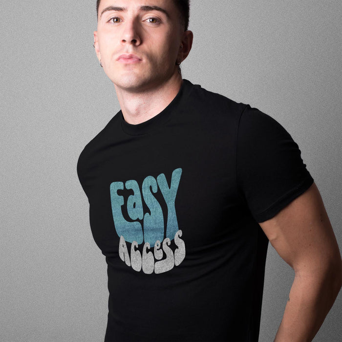 PRODUCT IMAGE: Easy Access | SFW Raunchy T-shirt for Horny Gay Men | Model wears typographic design on Black shirt