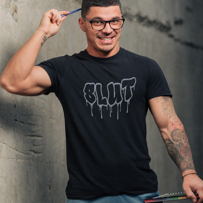 PRODUCT IMAGE: Cum Slut | Raunchy Tee for Horny Gay Men Who Love Cum | Model wears Black shirt