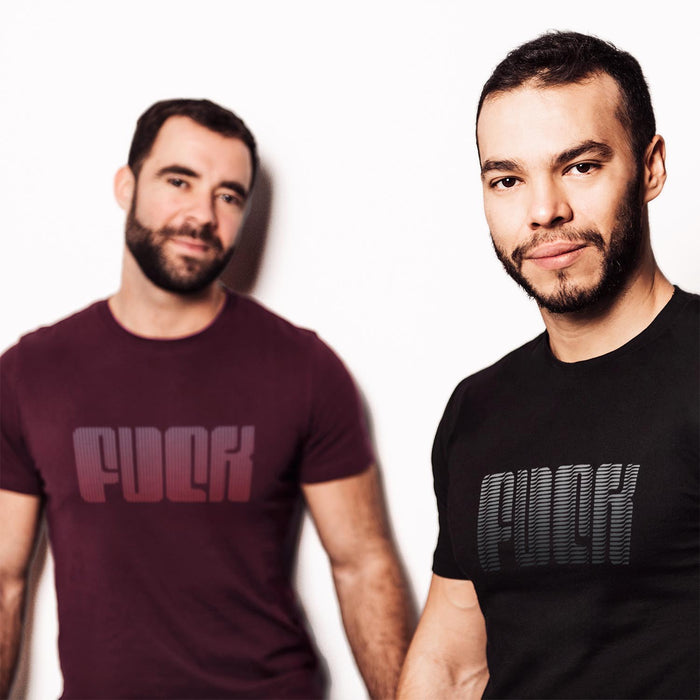 PRODUCT IMAGE: Fuck | Offensive NSFW T-shirt for Horny Gay Guys | Typographic Design | Two models wearing Maroon and Black