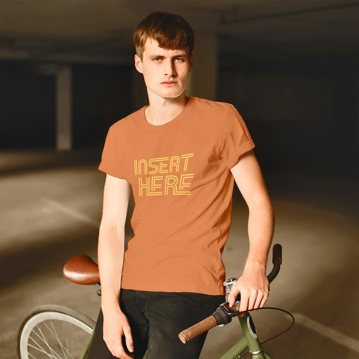 PRODUCT IMAGE: Insert Here | Raunchy T-shirts for Horny Gay Bottom Guys | Model wearing typographic design on Orange shirt