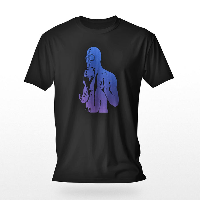 PRODUCT IMAGE: Gas Mask | Fetish T-shirt for Gay Guys into BDSM Kink | Black shirt w/ electro blue, halftone graphic