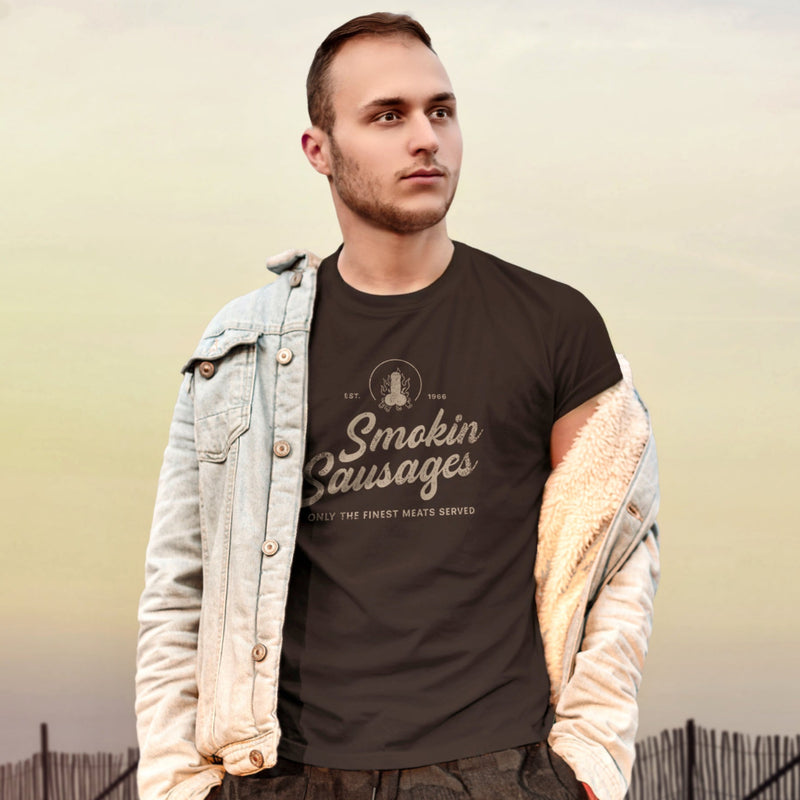 PRODUCT IMAGE: Smokin Sausages | Funny Gay Shirt | Model w/ Brown shirt