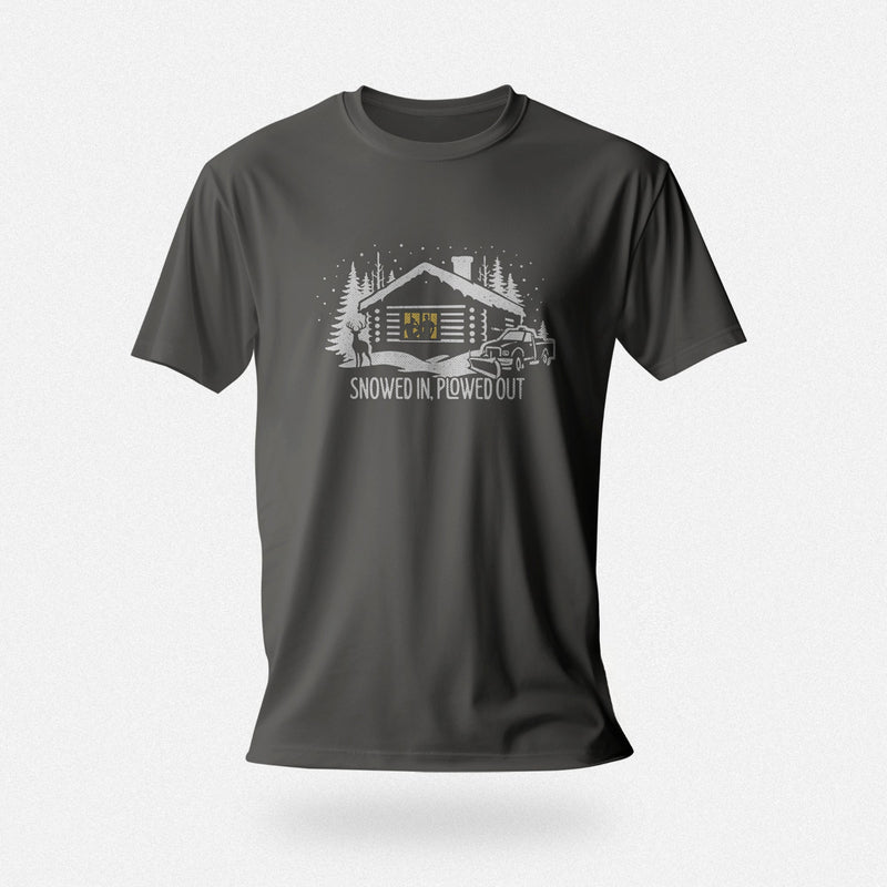 Men’s graphic t-shirt showing a snowy log cabin and plow truck, featuring the phrase “Snowed In, Plowed Out,” a subtle innuendo design for gay men; product photo of asphalt tee.