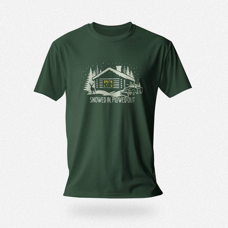 Men’s graphic t-shirt showing a snowy log cabin and plow truck, featuring the phrase “Snowed In, Plowed Out,” a subtle innuendo design for gay men; product photo of Forest Green tee.