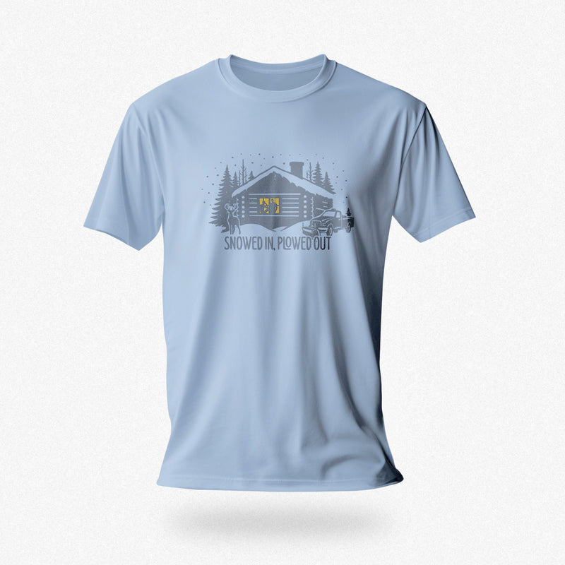 Men’s graphic t-shirt showing a snowy log cabin and plow truck, featuring the phrase “Snowed In, Plowed Out,” a subtle innuendo design for gay men; product photo of Light Blue tee.