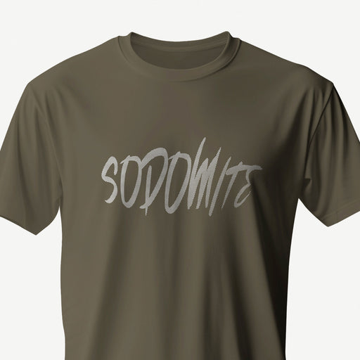 PRODUCT IMAGE: Sodomite | A not-so raunchy t-shirt for horny gay guys | Typographic design on Army Brown shirt