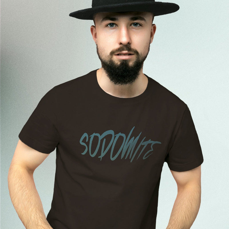 PRODUCT IMAGE: Sodomite T-Shirt | Raunchy Tee for Horny Gay Men & Queer Rebels | Model wears Brown  shirt with typographic design