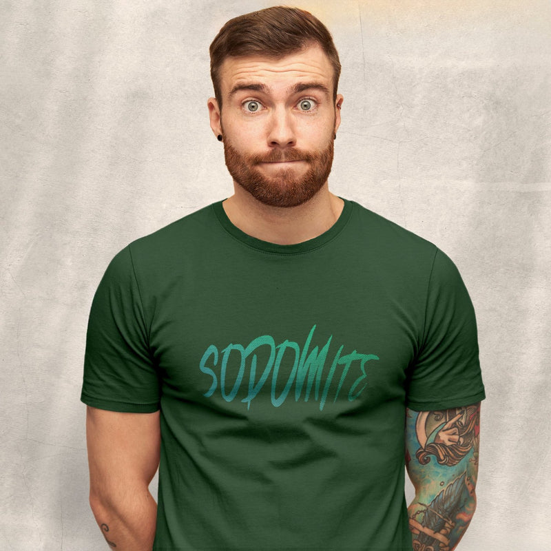 PRODUCT IMAGE: Sodomite T-Shirt | Raunchy Tee for Horny Gay Men & Queer Rebels | Model wears Forest Green  shirt with typographic design