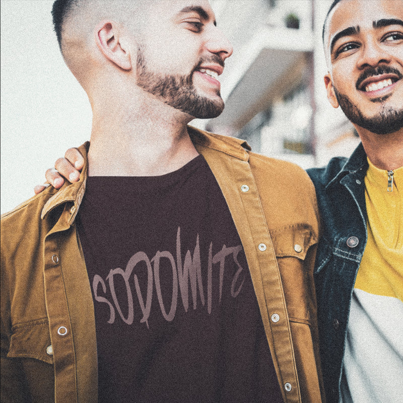 PRODUCT IMAGE: Sodomite | A not-so raunchy t-shirt for horny gay guys | Model wears typographic design on Oxblood shirt