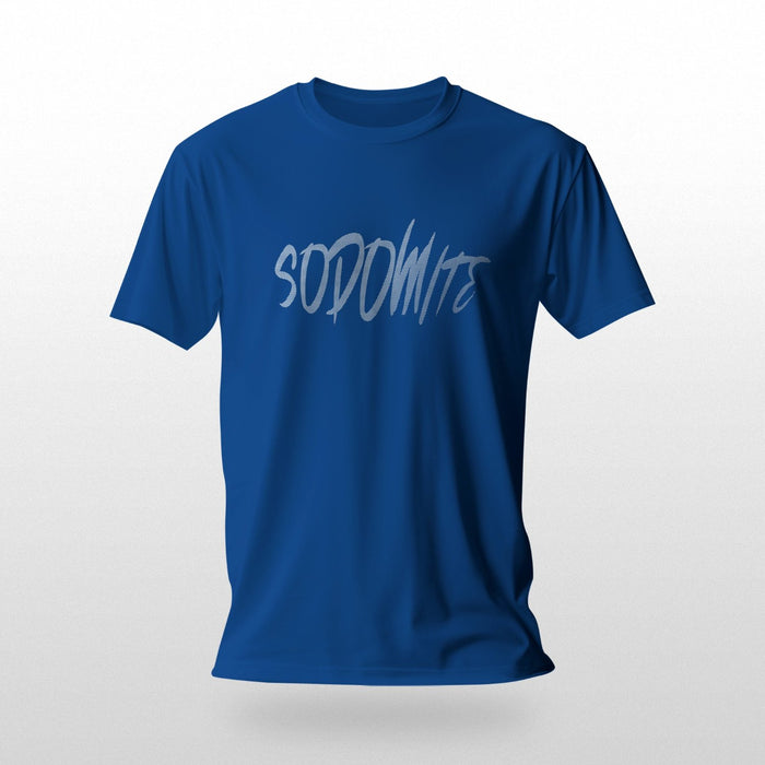 PRODUCT IMAGE: Sodomite | A not-so raunchy t-shirt for horny gay guys | Typographic design on Royal Blue shirt