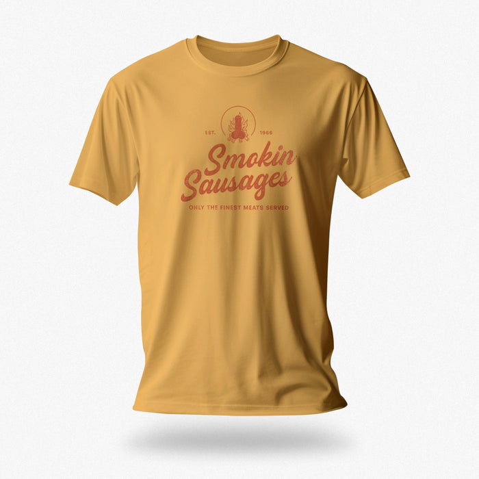 PRODUCT IMAGE: Smokin Sausages T-shirt | Funny, Raunchy T-shirts for Horny Gay Guys | Mustard shirt with vintage-style faux logo design