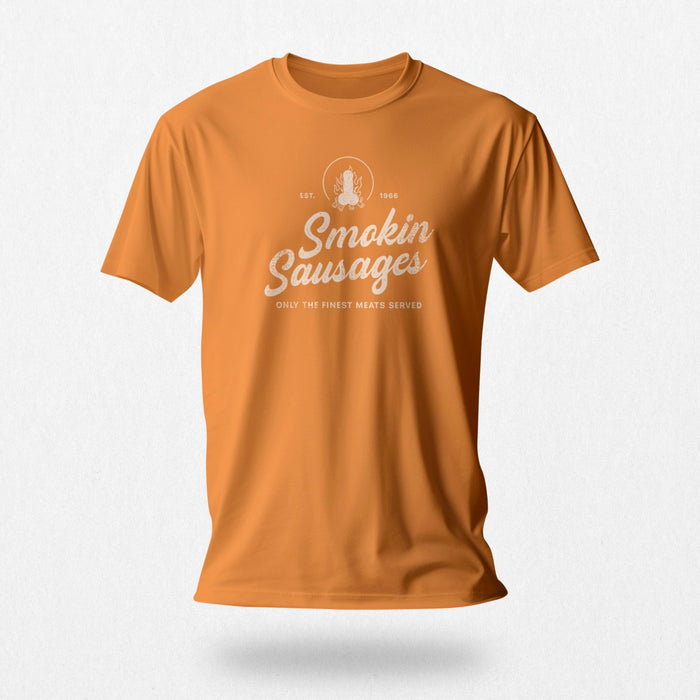 PRODUCT IMAGE: Smokin Sausages T-shirt | Funny, Raunchy T-shirts for Horny Gay Guys | Orange shirt with vintage-style faux logo design