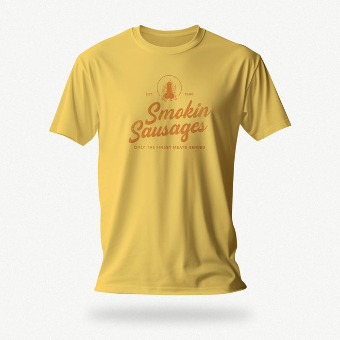 PRODUCT IMAGE: Smokin Sausages T-shirt | Funny, Raunchy T-shirts for Horny Gay Guys | Yellow shirt with vintage-style faux logo