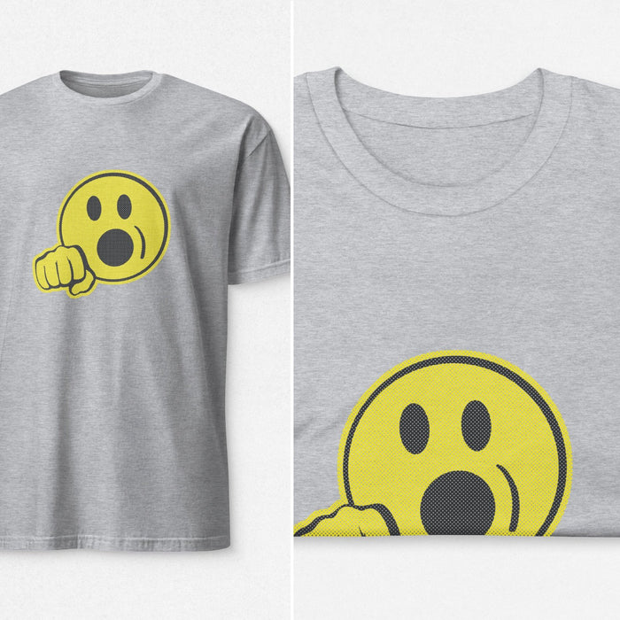 PRODUCT IMAGE: Suck It | Funny, Raunchy T-shirt for Horny Gay Guys, Emoji-style | Diptych of Light Gray Heather shirt
