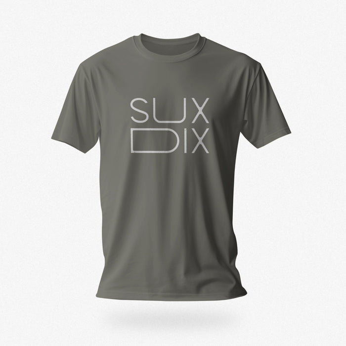 PRODUCT IMAGE: Sux Dix T-shirt | Raunchy Tees for Horny Gay Men Who Like Oral Sex | Typographic design on Charcoal Shirt