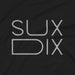 PRODUCT IMAGE: Sux Dix T-shirt | Raunchy Tees for Horny Gay Men Who Like Oral Sex | Closeup showing Typographic design on Black Shirt fabric