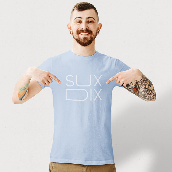 PRODUCT IMAGE: Sux Dix T-shirt | Raunchy Tees for Horny Gay Men Who Like Oral Sex | Model wears Typographic design on Light Blue Shirt