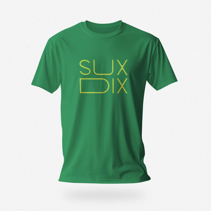 PRODUCT IMAGE: Sux Dix T-shirt | Raunchy Tees for Horny Gay Men Who Like Oral Sex | Typographic design on Kelly Green Shirt