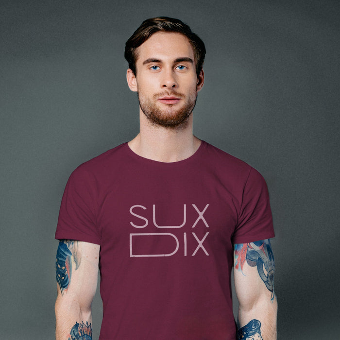 PRODUCT IMAGE: Sux Dix T-shirt | Raunchy Tees for Horny Gay Men Who Like Oral Sex | Model wears Typographic design on Maroon Shirt