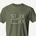 PRODUCT IMAGE: Sux Dix T-shirt | Raunchy Tees for Horny Gay Men Who Like Oral Sex | Typographic design on Military Green Shirt