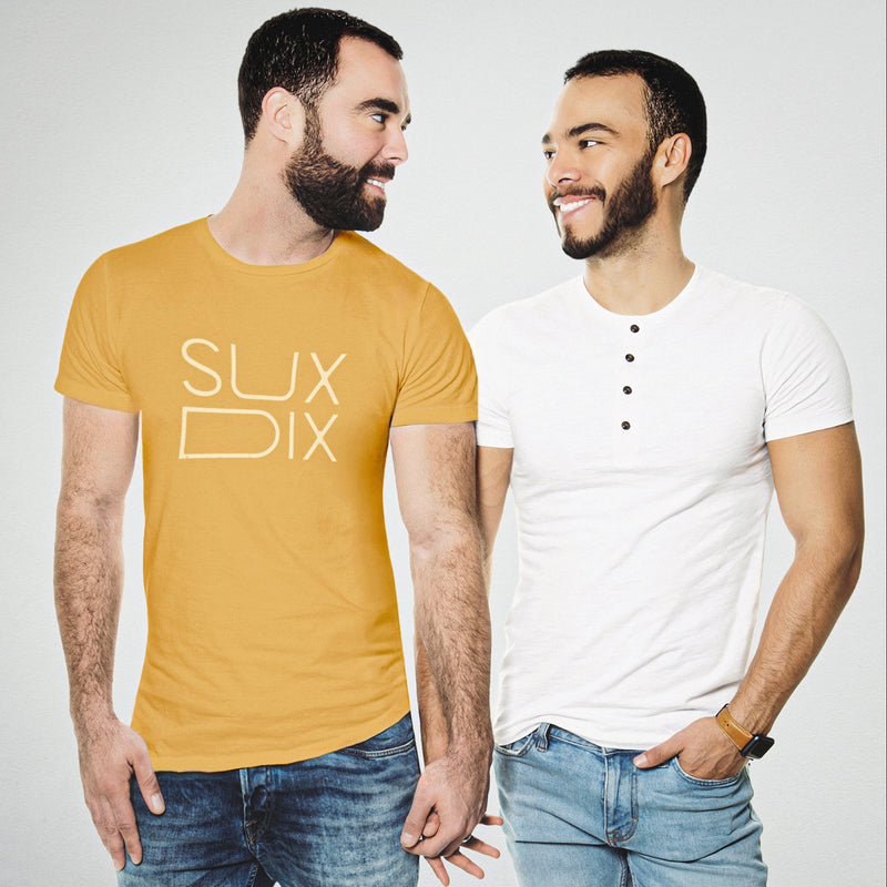 PRODUCT IMAGE: Sux Dix T-shirt | Raunchy Tees for Horny Gay Men Who Like Oral Sex | Model wears Typographic design on Mustard Shirt