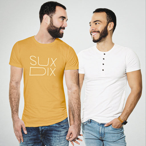 PRODUCT IMAGE: Sux Dix T-shirt | Raunchy Tees for Horny Gay Men Who Like Oral Sex | Model wears Typographic design on Mustard Shirt