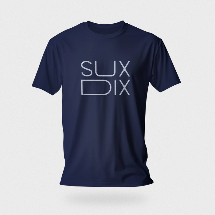 PRODUCT IMAGE: Sux Dix T-shirt | Raunchy Tees for Horny Gay Men Who Like Oral Sex | Typographic design on Navy Shirt