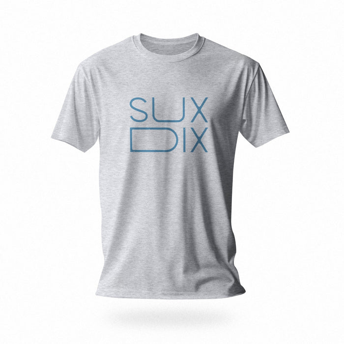 PRODUCT IMAGE: Sux Dix T-shirt | Raunchy Tees for Horny Gay Men Who Like Oral Sex | Typographic design on Light Gray Heather Shirt