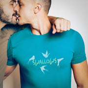 PRODUCT IMAGE: Swallows | Funny & Discreet, Raunchy T-shirt for Horny Gay Guys | Model w/ Aqua Shirt