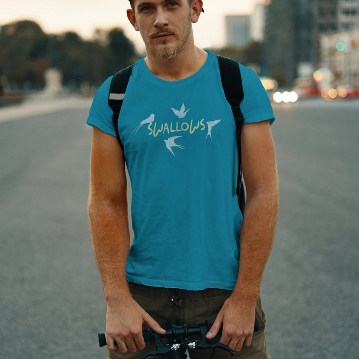 PRODUCT IMAGE: Swallows | Funny & Discreet, Raunchy T-shirt for Horny Gay Guys | Model w/ Aqua Shirt