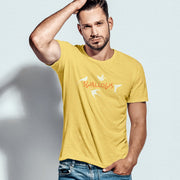 PRODUCT IMAGE: Swallows | Discreetly Raunchy, Gay T-shirt from Pole & Hole | Model wears yellow Shirt