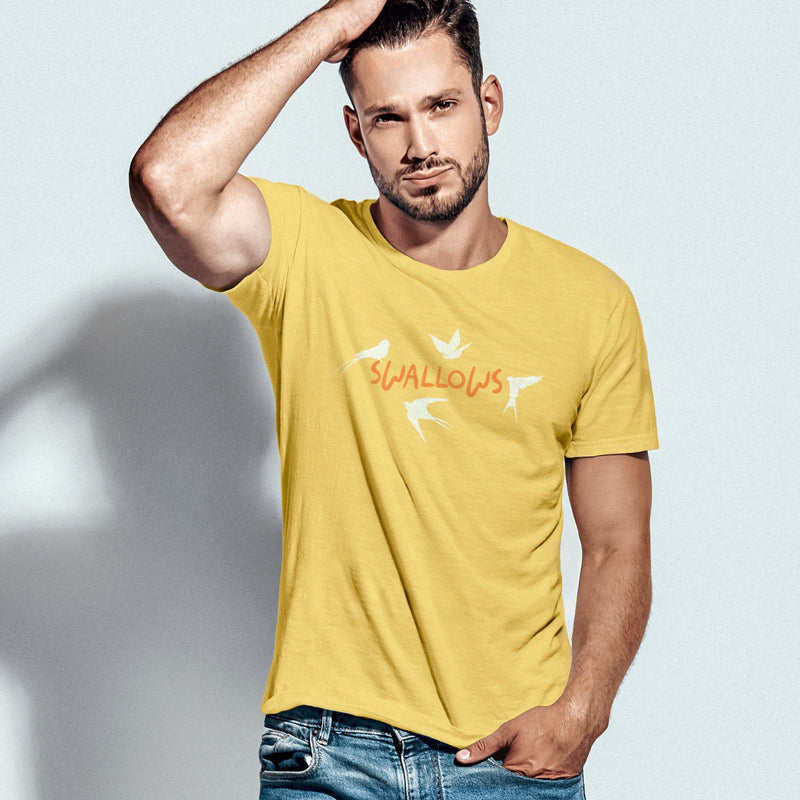 PRODUCT IMAGE: Swallows | Discreetly Raunchy, Gay T-shirt from Pole & Hole | Model wears yellow Shirt