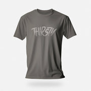 PRODUCT IMAGE: Thirsty T-shirt | Raunchy Tees for Horny Gay Guys Who Thirst for It | Charcoal shirt with a typographic design