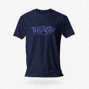 PRODUCT IMAGE: Thirsty T-shirt | Raunchy Tees for Horny Gay Guys Who Thirst for It | Navy Blue shirt with a typographic design