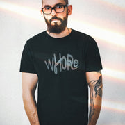 PRODUCT IMAGE: Whore | Offensive NSFW T-shirt for Horny Gay Guys | Typographic Design | model w/ black shirt