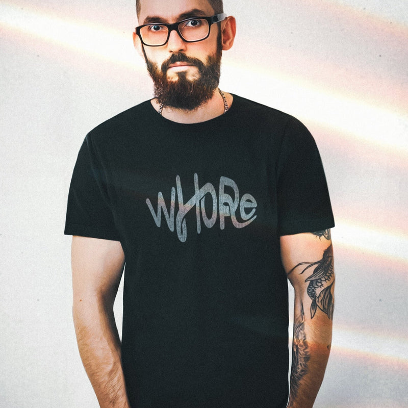 PRODUCT IMAGE: Whore | Offensive NSFW T-shirt for Horny Gay Guys | Typographic Design | model w/ black shirt