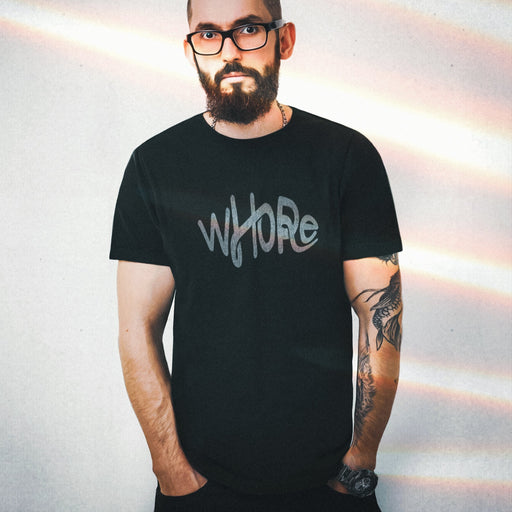 PRODUCT IMAGE: Whore | Offensive NSFW T-shirt for Horny Gay Guys | Typographic Design | model w/ orange black shirt