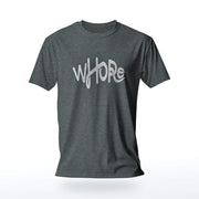 PRODUCT IMAGE: "Whore" tee | Offensive NSFW T-shirt for shamelessly Horny Gay Guys | Dark Gray Heather shirt with light colored, distressed typographic design on chest