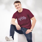 PRODUCT IMAGE: Whore | Offensive NSFW T-shirt for shamelessly Horny Gay Guys | model wears maroon shirt with light colored, distressed typographic design on chest