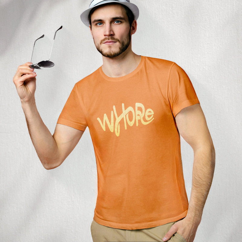 PRODUCT IMAGE: "Whore" tee | Offensive NSFW T-shirt for shamelessly Horny Gay Guys | Model wears Orange shirt with light yellow, distressed typographic design on chest