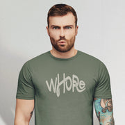 PRODUCT IMAGE: Whore | Offensive NSFW T-shirt for Horny Gay Guys | Typographic Design | model w/ military green shirt