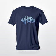 PRODUCT IMAGE: "Whore" tee | Offensive NSFW T-shirt for shamelessly Horny Gay Guys | Navy Blue shirt with light colored gradient, distressed typographic design on chest